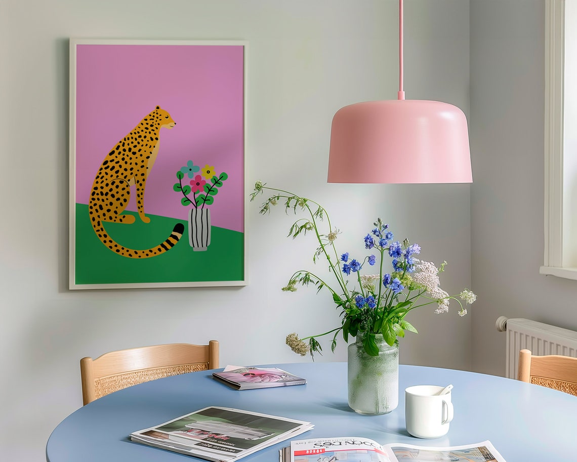 Cheetah Sitting with Flower Vase Pink Green Illustration Poster - Image 4