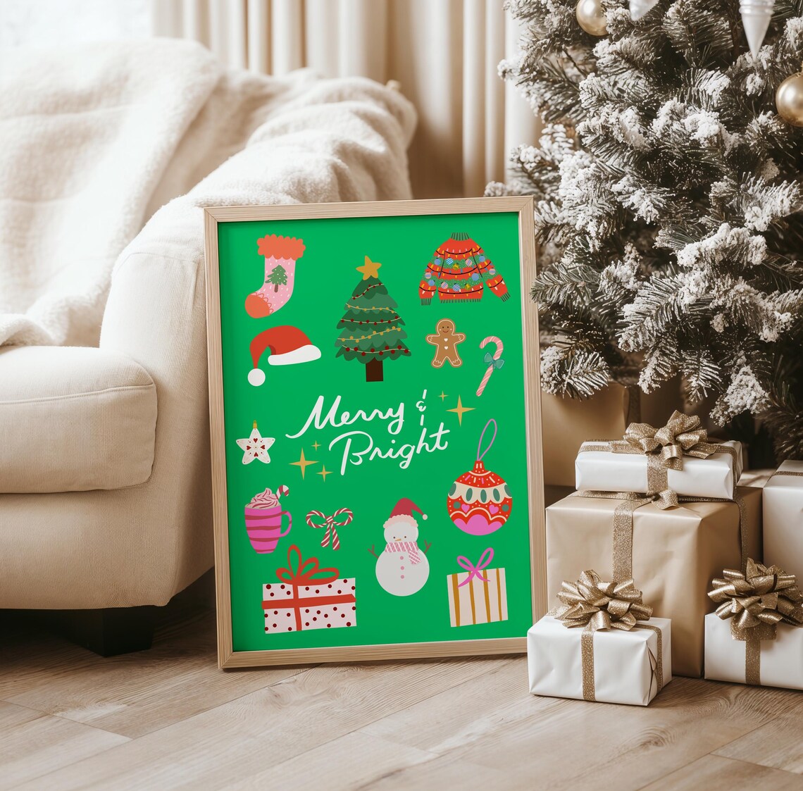 Merry and Bright Green Christmas Icons Festive Holiday Wall Poster