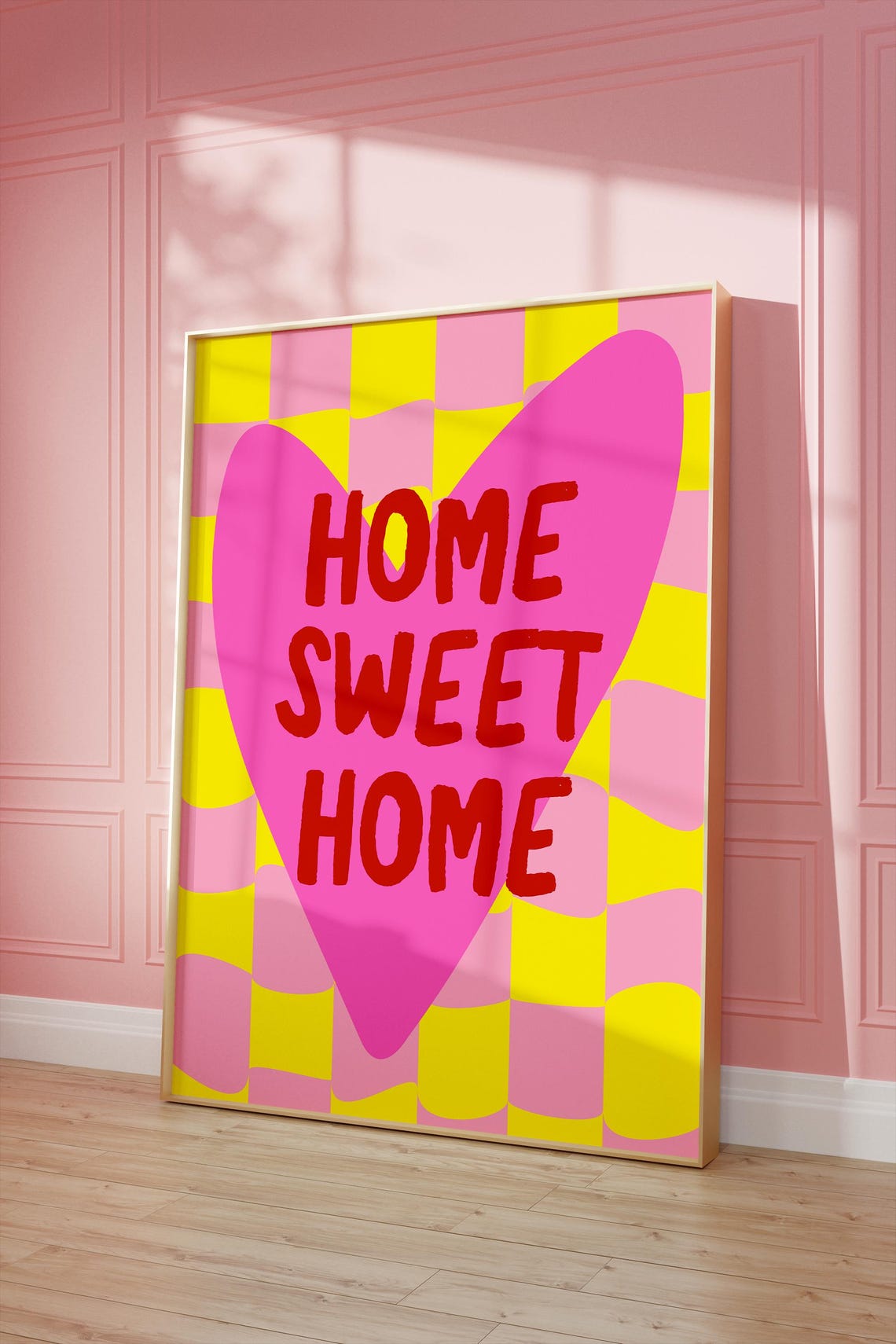 Home Sweet Home Pink Heart Yellow Checkerboard Wall Quote Poster - Image 2