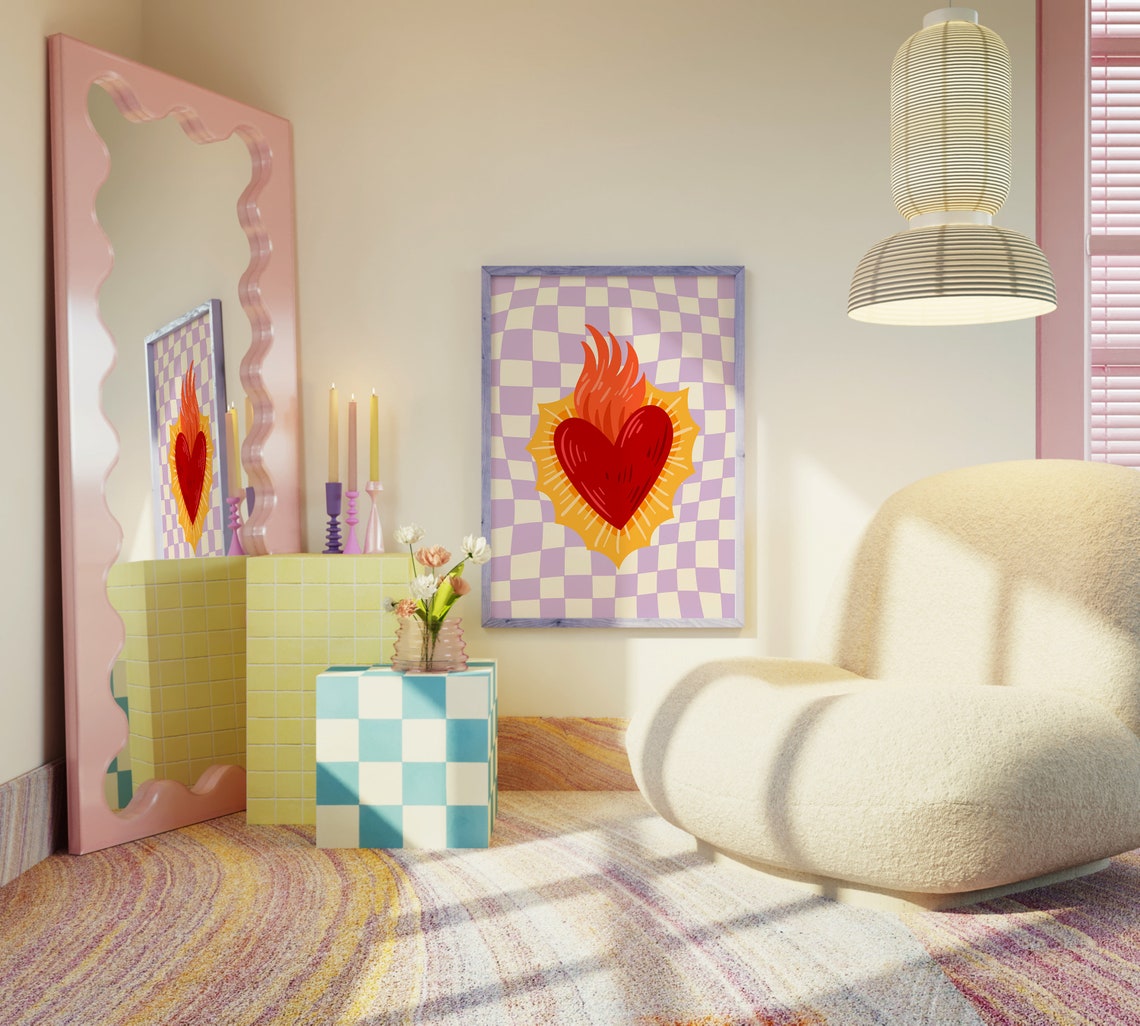 Flaming Sacred Heart On Purple Checkerboard Boho Style Art Print - Image 4