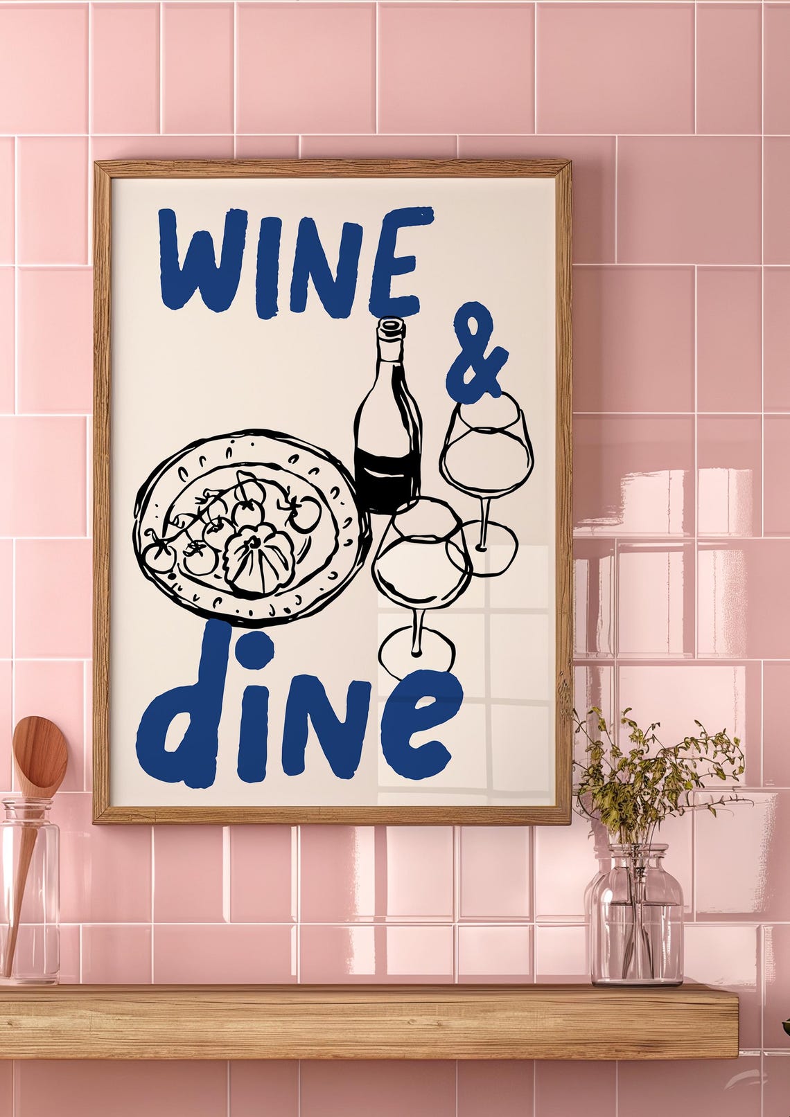 Wine and Dine Blue Ink Bottle Glasses Sketch Kitchen Party Poster - Image 2