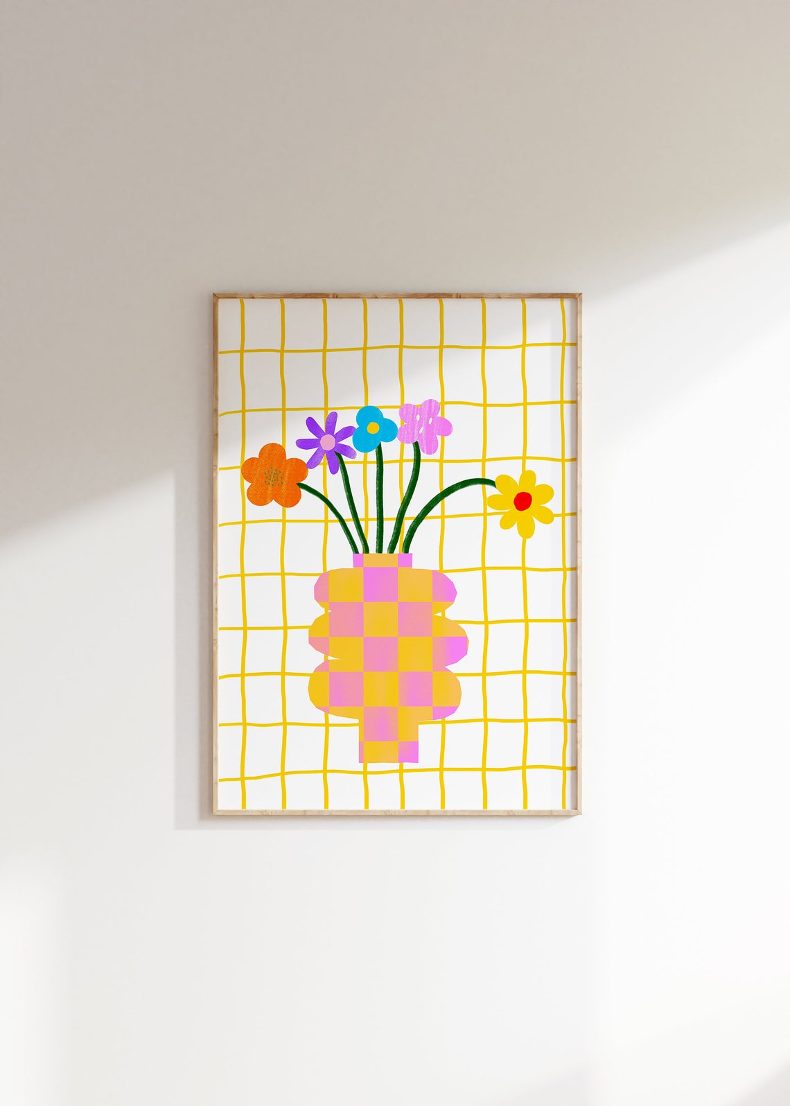 Colorful Wildflowers in Checkered Vase on Yellow Grid Poster