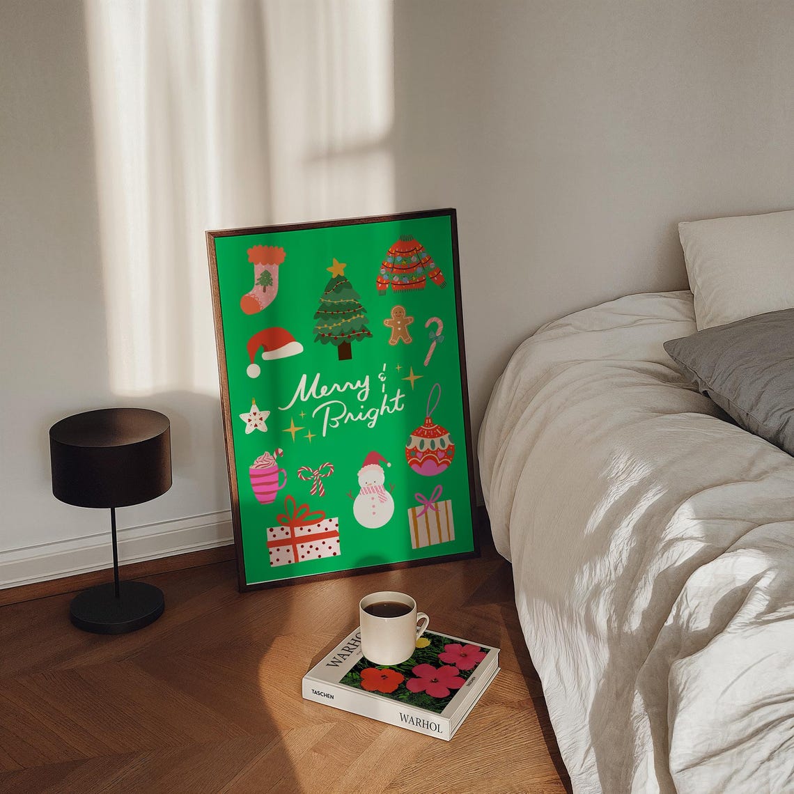Merry and Bright Green Christmas Icons Festive Holiday Wall Poster - Image 2