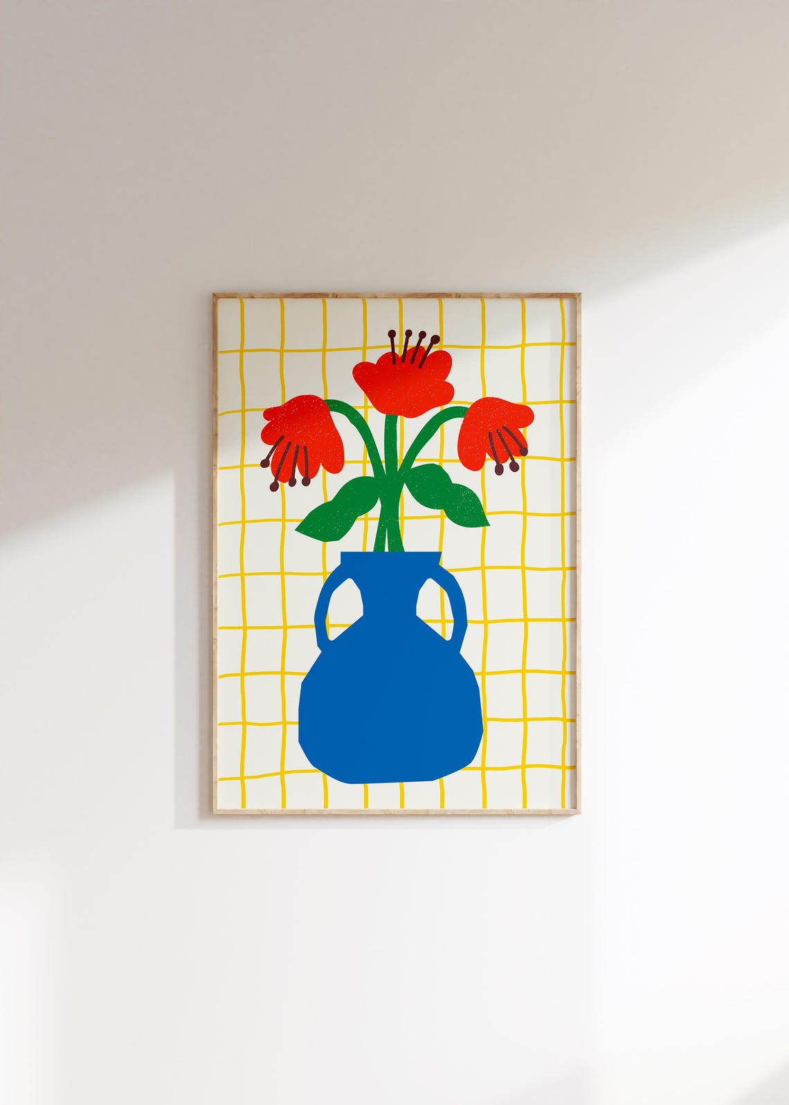 Red Poppies in Blue Vase Yellow Grid Retro Botanical Wall Poster