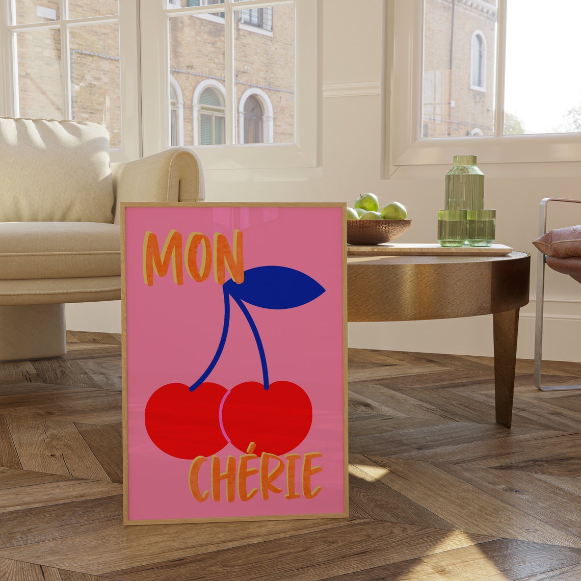 Mon Cherie Red Cherry Pair Illustration on Bold Hot Pink Print - Image 3