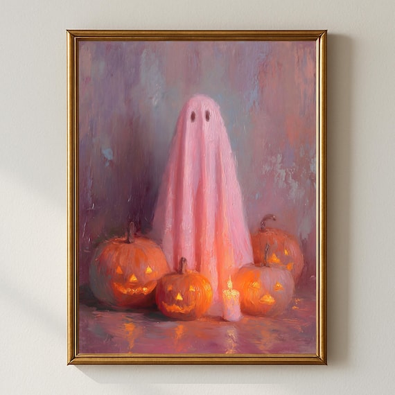 Pink Halloween Wall Art With Pumpkins Whimsical Pastel Cozy Spooky Cute Artwork For Autumn Home Decor