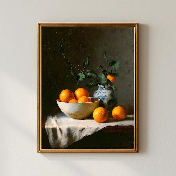 Orange Still Life Oil Painting Bowl Blue Porcelain Vase Vintage Kitchen Poster