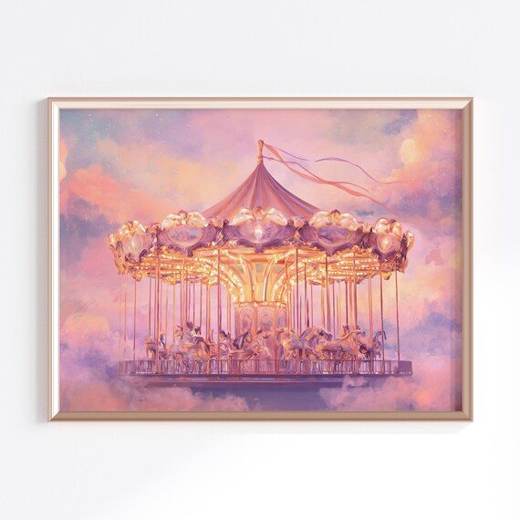 Dreamy Pink Carousel Floating in Pastel Clouds Whimsical Illustration Poster