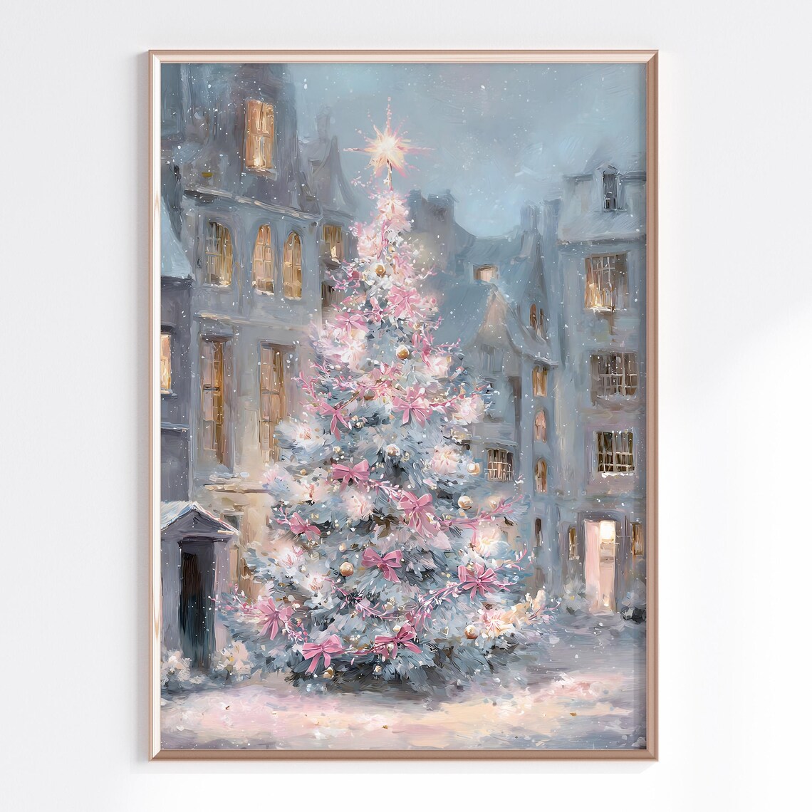 Whimsical Christmas Snowy Town Scene, Poster Print