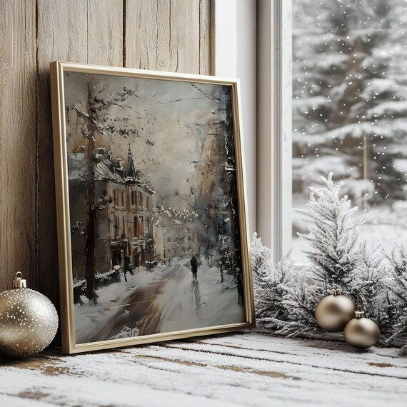 Snowy European Old Town Street Winter Painting Vintage Art Poster