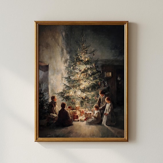 Children Gathered Around Lit Christmas Tree Vintage Holiday Poster
