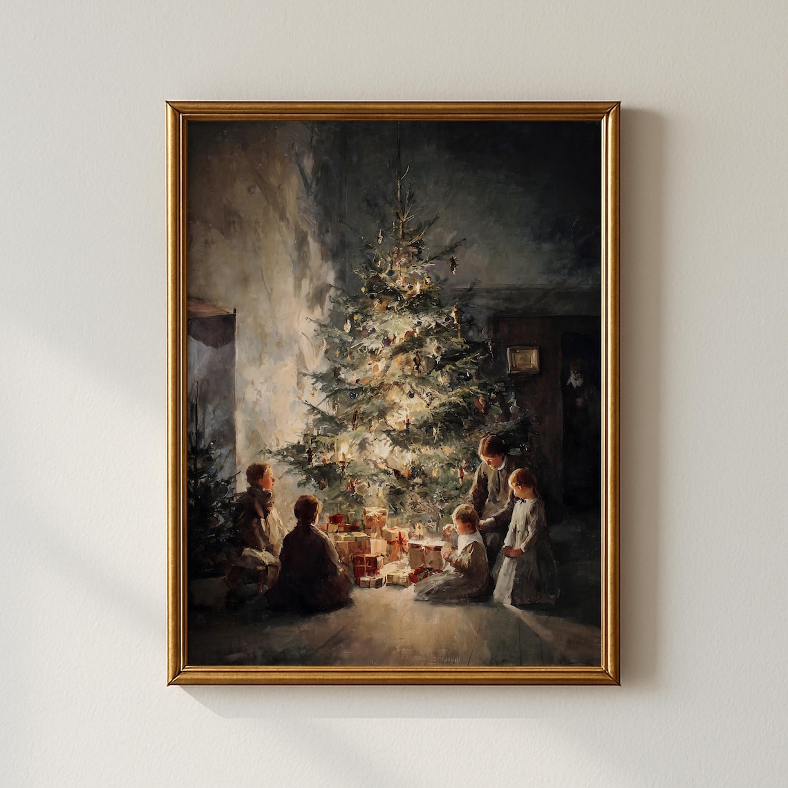 Children Gathered Around Lit Christmas Tree Vintage Holiday Poster