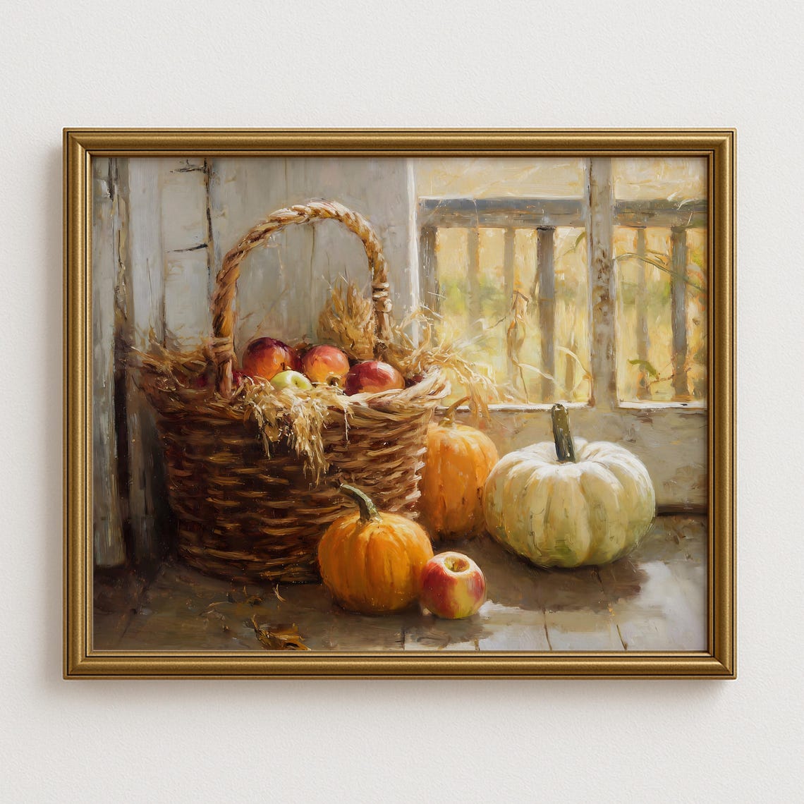 Autumn Harvest Basket Apples Pumpkins Rustic Fall Window Wall Art