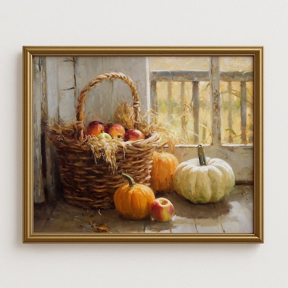 Harvest Basket Wall Art Print Rustic Oil Painting Of Apples And Pumpkins Autumn Farmhouse Kitchen Dining Room Decor Cozy Fall Still Life