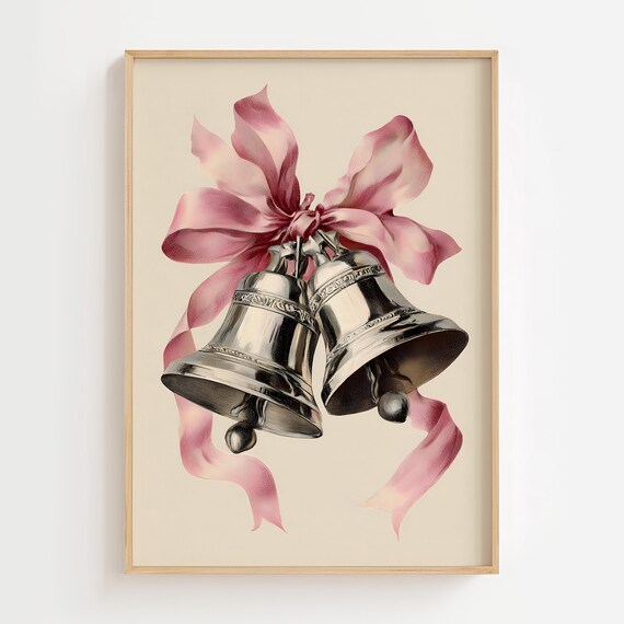 Pink Ribbon Christmas Bells Wall Art Vintage Holiday Elegant Silver Bell Illustration Classic Romantic Decor
