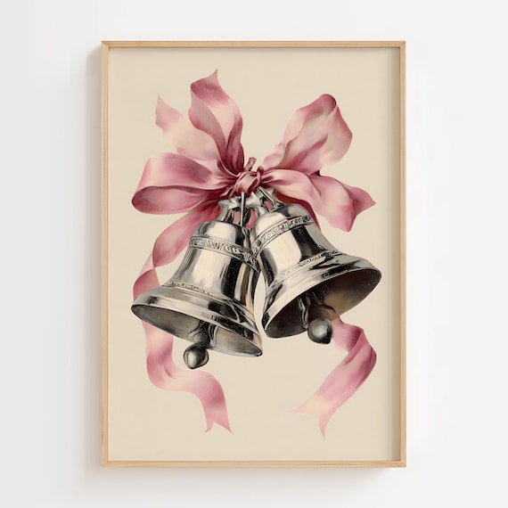 Vintage Silver Christmas Bells Tied With Pink Ribbon Bow Poster