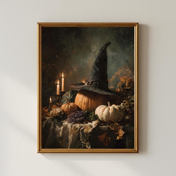 Witch Pumpkin Wall Art Gothic Halloween Still Life With Hat Candles And Pumpkins Dark Academia Autumn Dcor