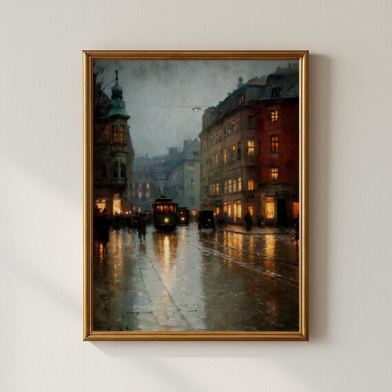 Rainy City Street Vintage Tram Art Print, Dark Academia