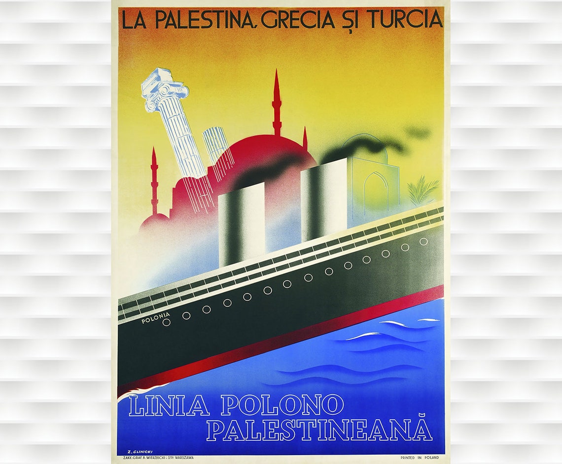 Polonia Polish Line Palestine Greece Turkey Vintage Cruise Ship Poster