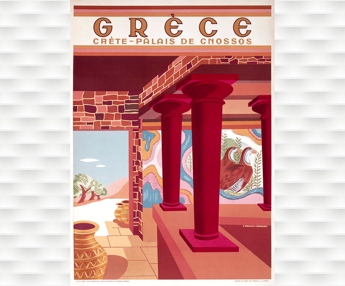 Greece Crete Palace of Knossos Red Columns Ancient Travel Poster