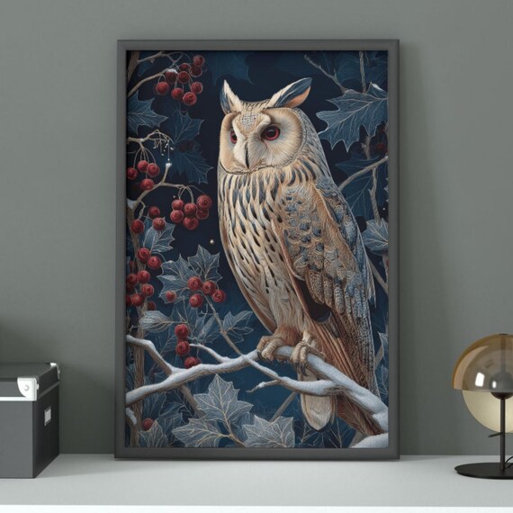 Christmas Owl Snowy Branch Red Berry Gothic Winter Night Poster