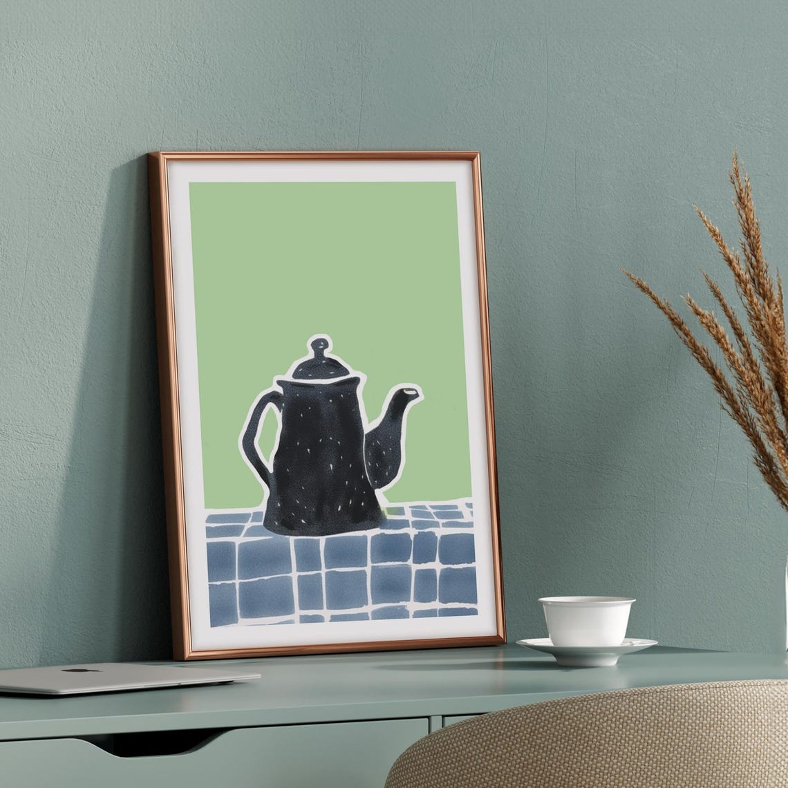 Classic Black Teapot Green Minimalist Kitchen Still Life Poster - Image 2