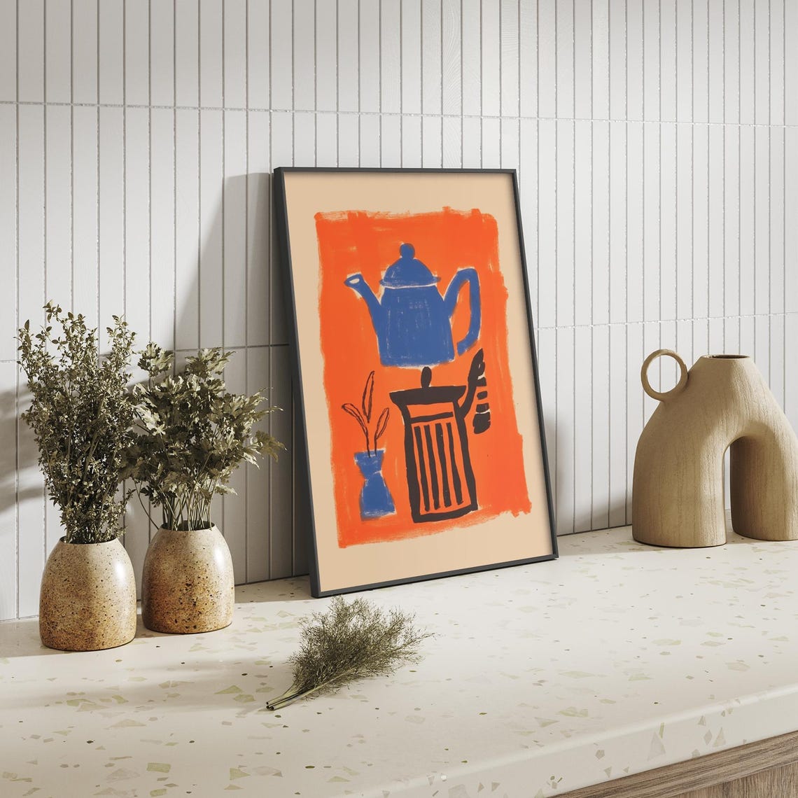 Abstract Blue Teapot Vivid Orange Kitchen Still Life Charming Poster - Image 3