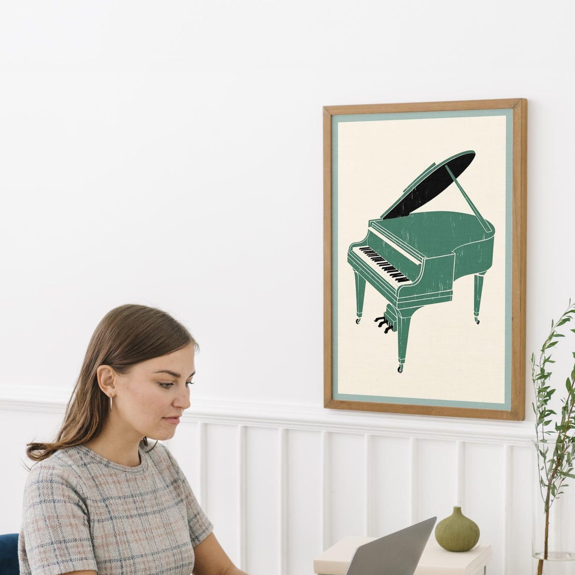 Vintage Green Grand Piano Minimalist Music Illustration Poster - Image 4