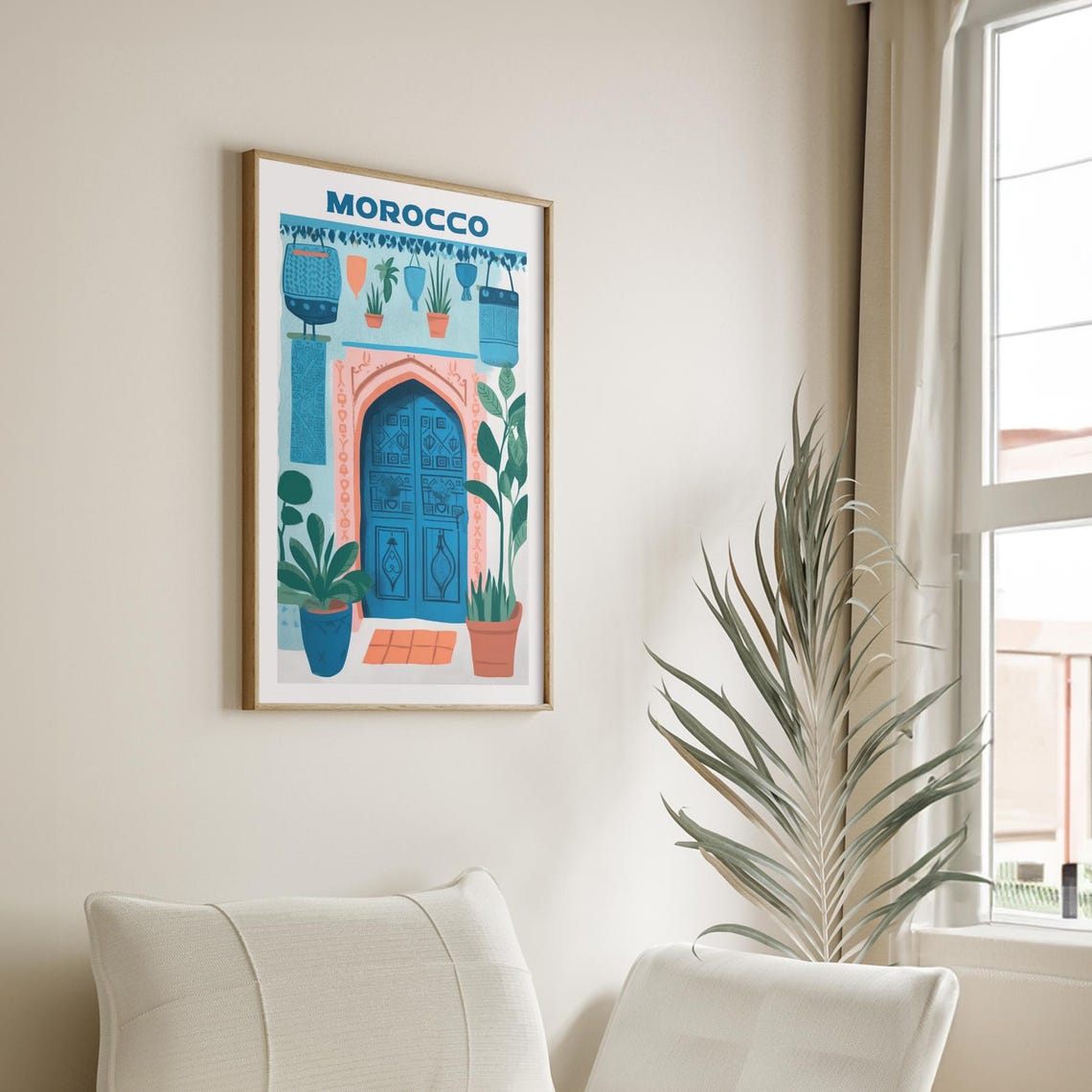 Morocco Blue Door Marrakech Lanterns Travel Illustration Poster - Image 3