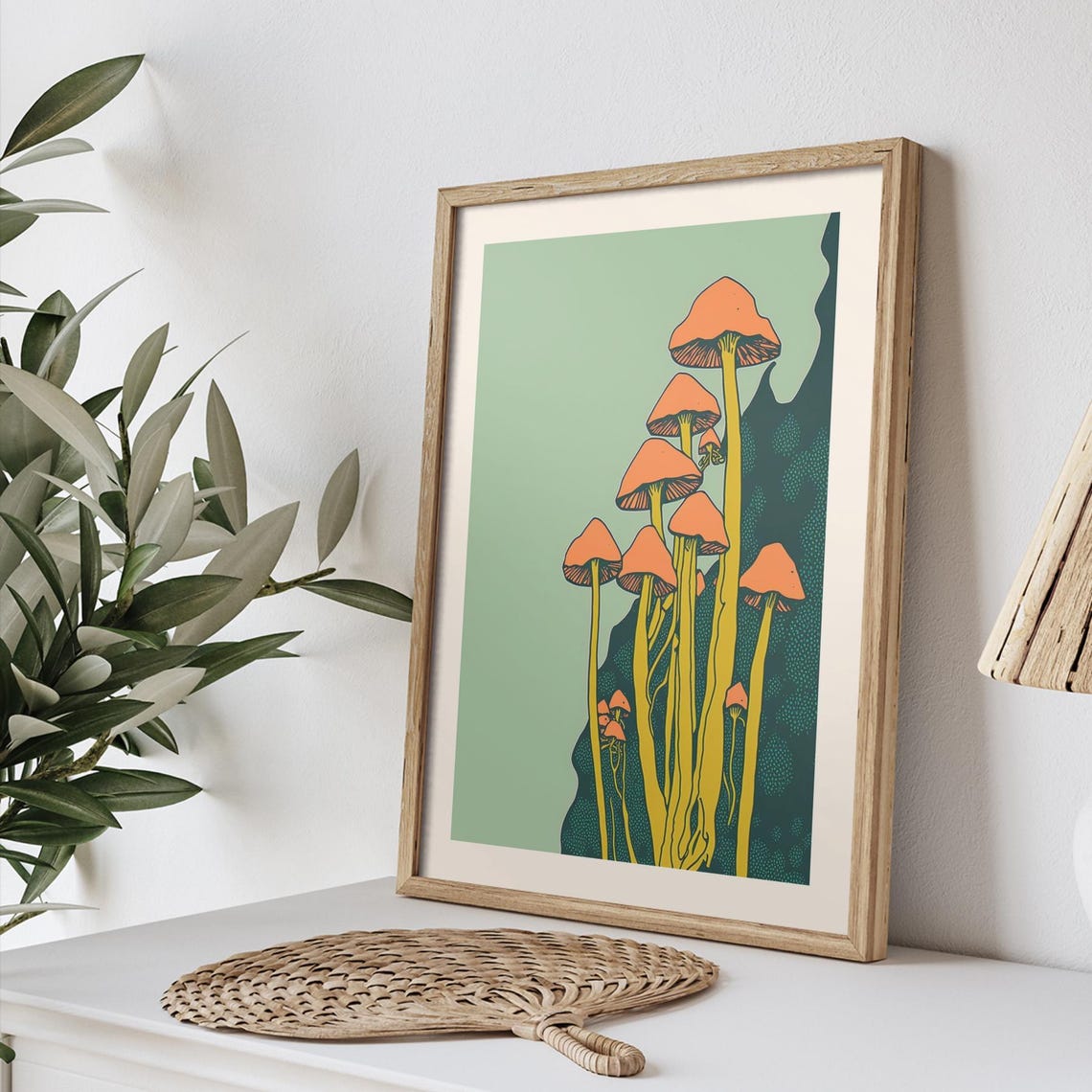 Retro Orange Mushroom Poster With Psychedelic Botanical Style