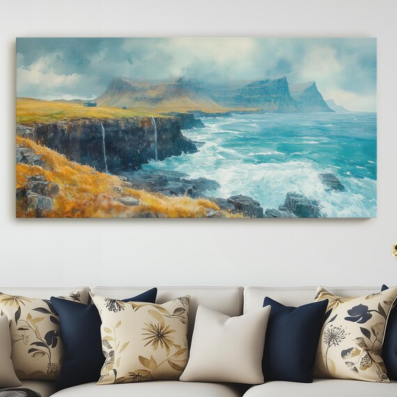 Faroe Islands Canvas Wall Art Coastal Cliff Watercolor Painting Moody Nordic Seascape With Waterfall Scenic Travel Hanging Decor