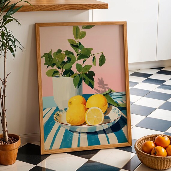 Bright Lemon Still Life Fruit Bowl Cheerful Kitchen Decor Poster