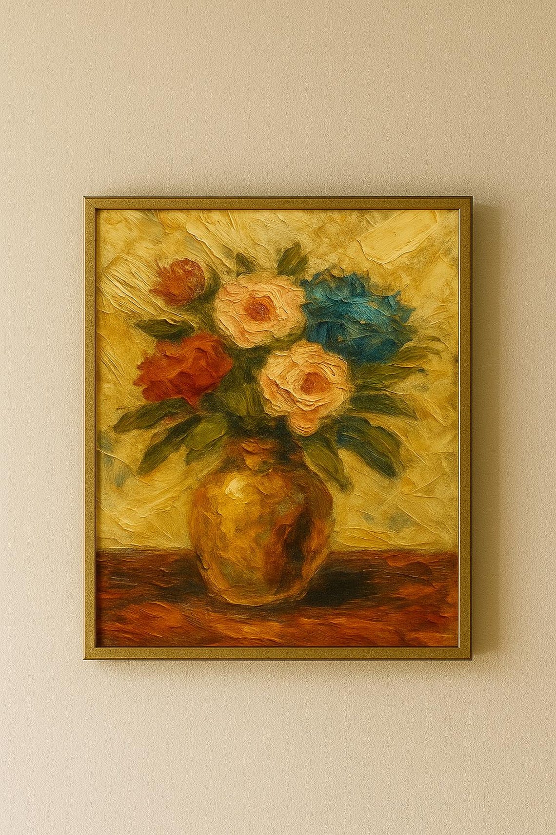 Vintage Floral Oil Painting Roses Vase Textured Artwork Poster