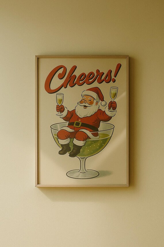 Cheers Santa Sitting in Champagne Coupe Retro Christmas Toast Poster