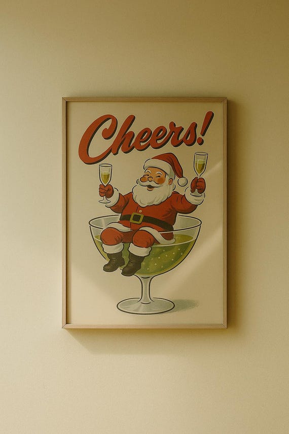 Retro Santa Cheers Print Funny Vintage Christmas Wall Art