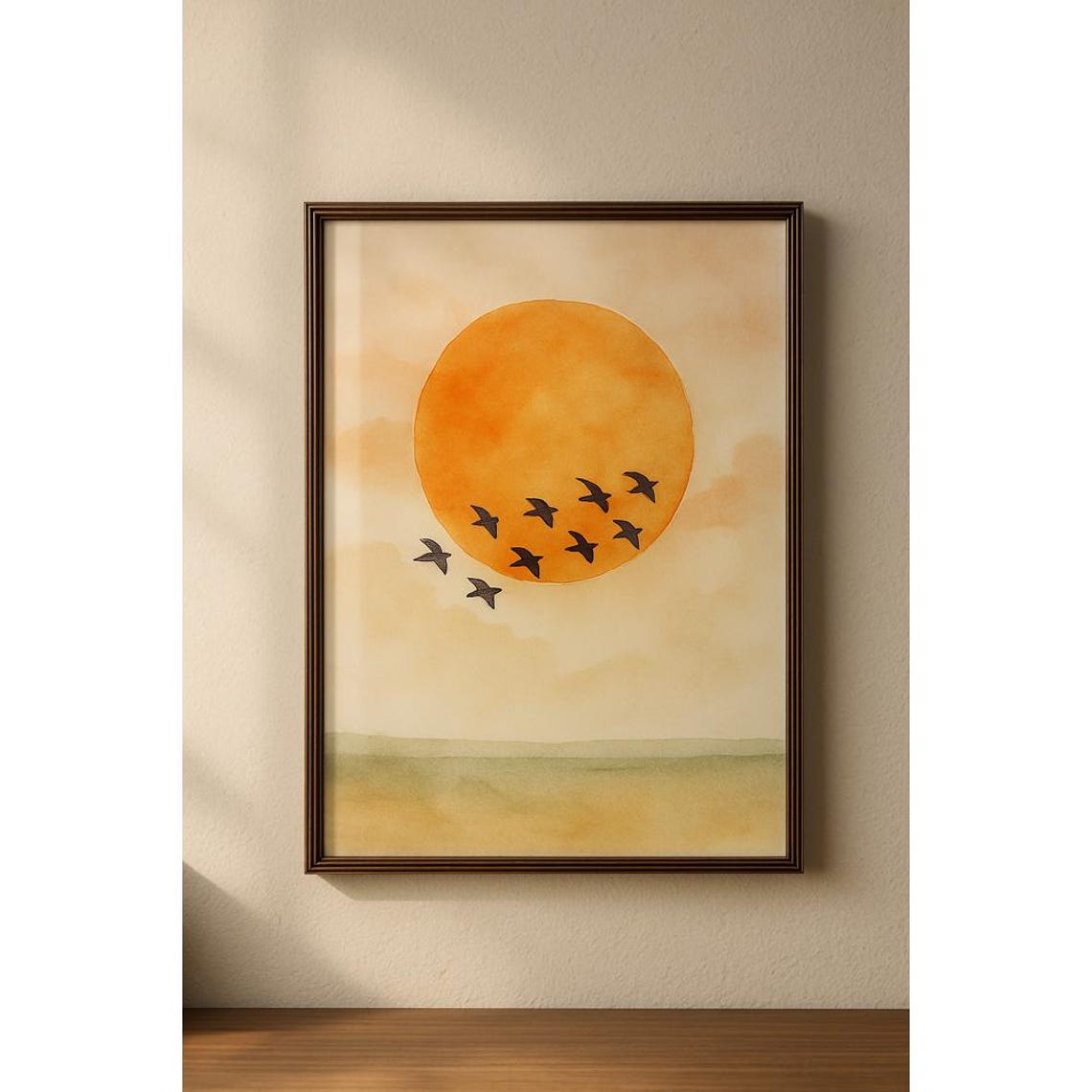 Minimalist Watercolor Sunset With Silhouette Birds Boho Wall Art