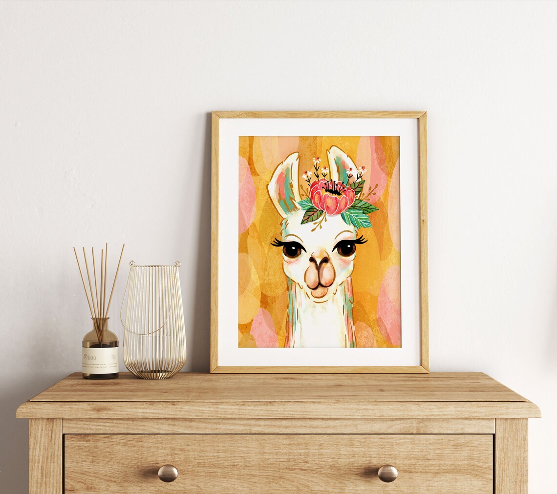 Whimsical Llama Portrait with Pink Flower Crown Pastel Wall Art - Image 3