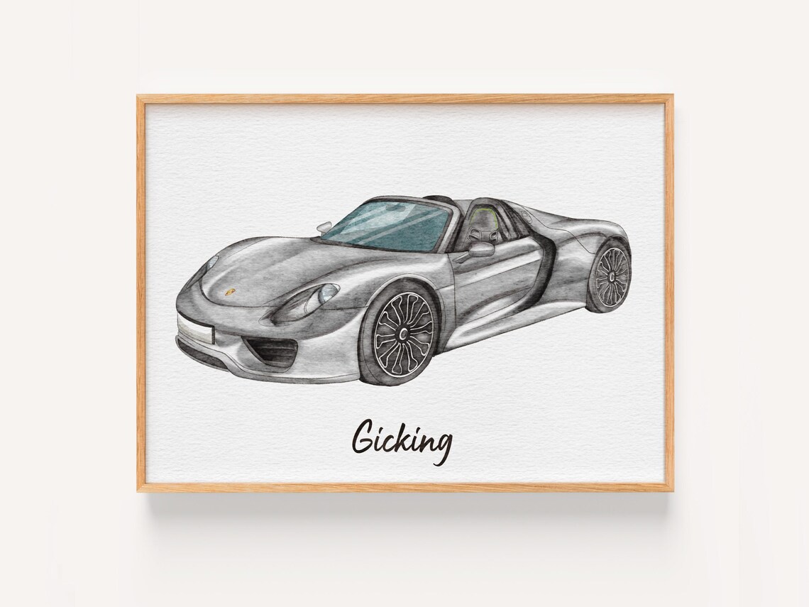 Porsche 918 Spyder Silver Convertible Watercolor Car Illustration Poster