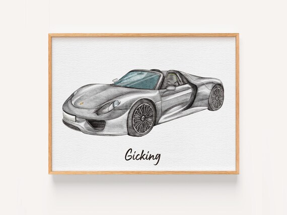 Porsche 918 Spyder Silver Convertible Watercolor Car Illustration Poster