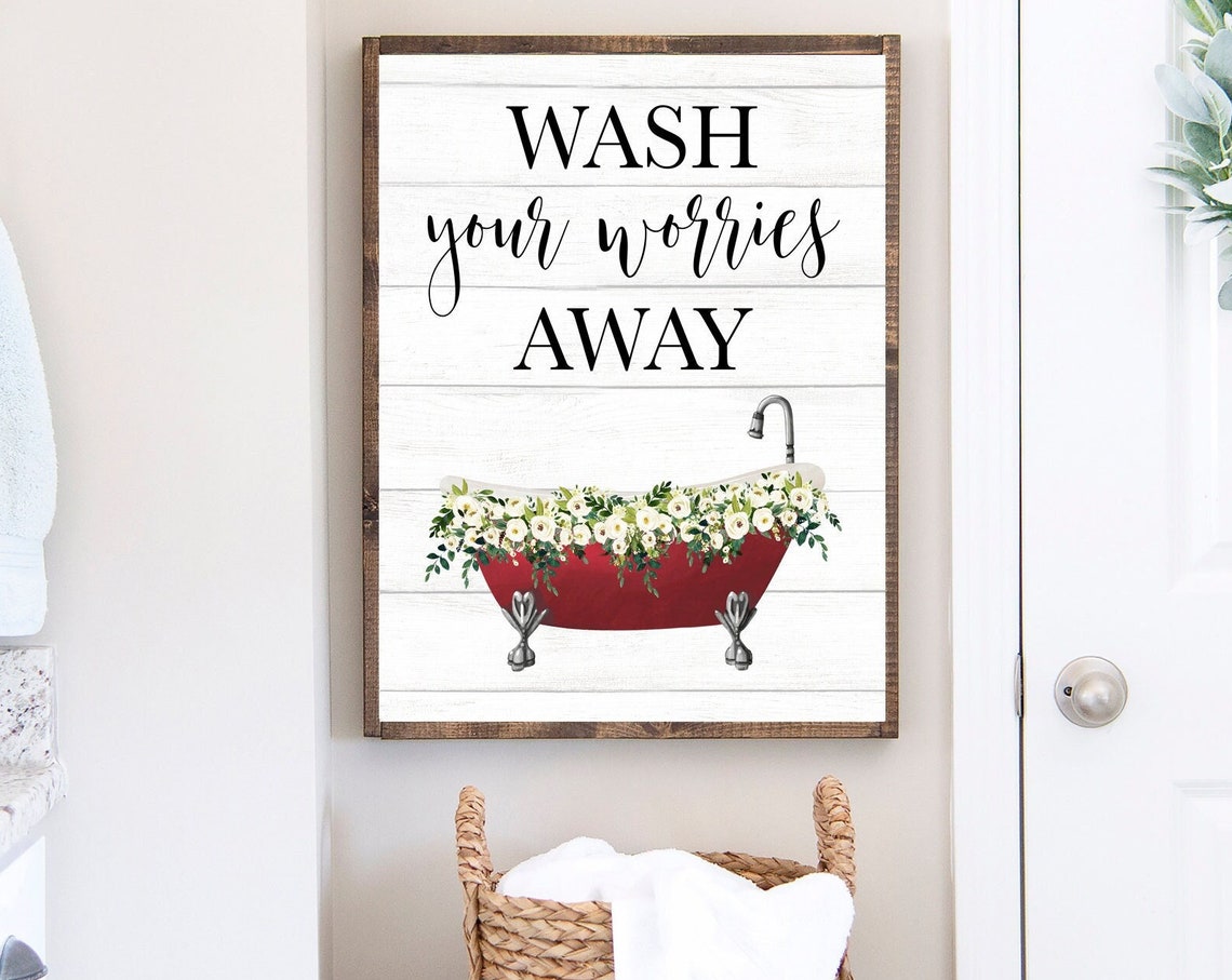 Red Clawfoot Bathtub With White Flowers Wash Your Worries Away Poster