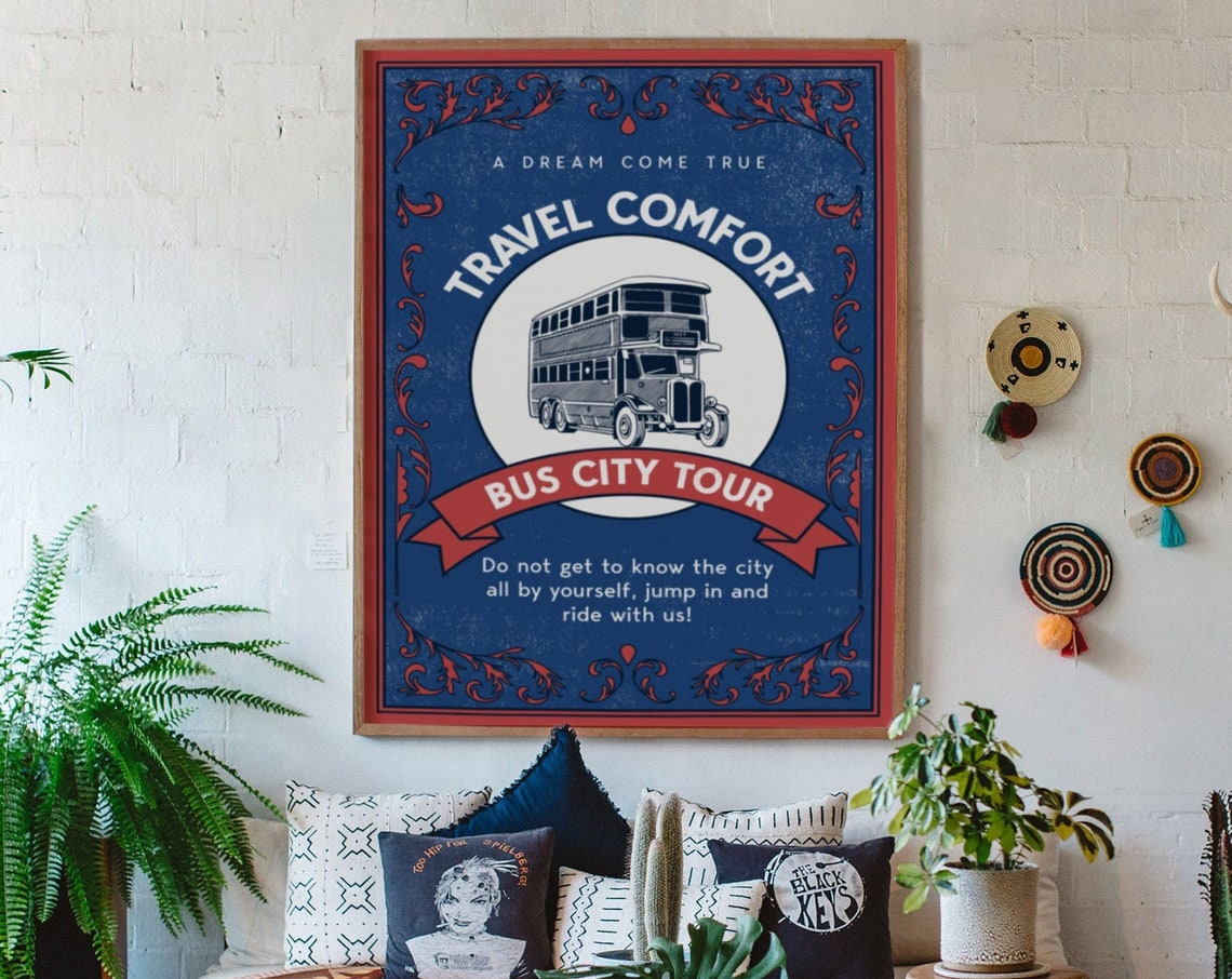 Travel Comfort Bus City Tour Vintage 1900s Style Navy Ad Poster