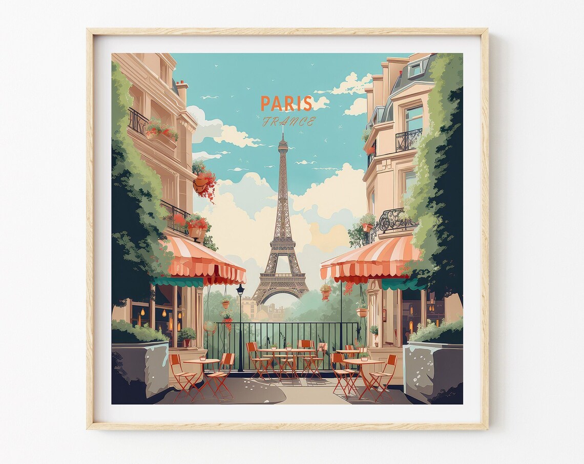 Paris France Eiffel Tower Cafe Retro Travel Illustration Poster - Image 3