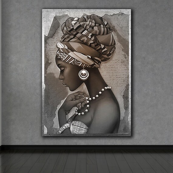 African Woman Wall Art Silver Glitter Embroidery African Tribe Poster Home Art Roll On Stretched Or Framed Options