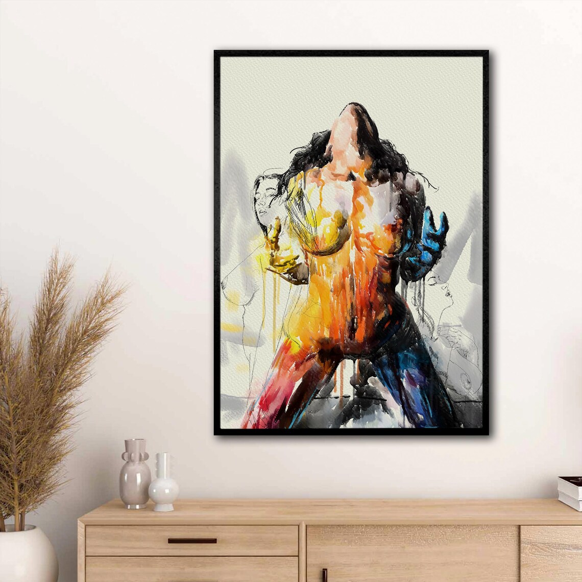 Watercolor Nude Woman in Orange and Blue Splashes Abstract Art Poster - Image 3