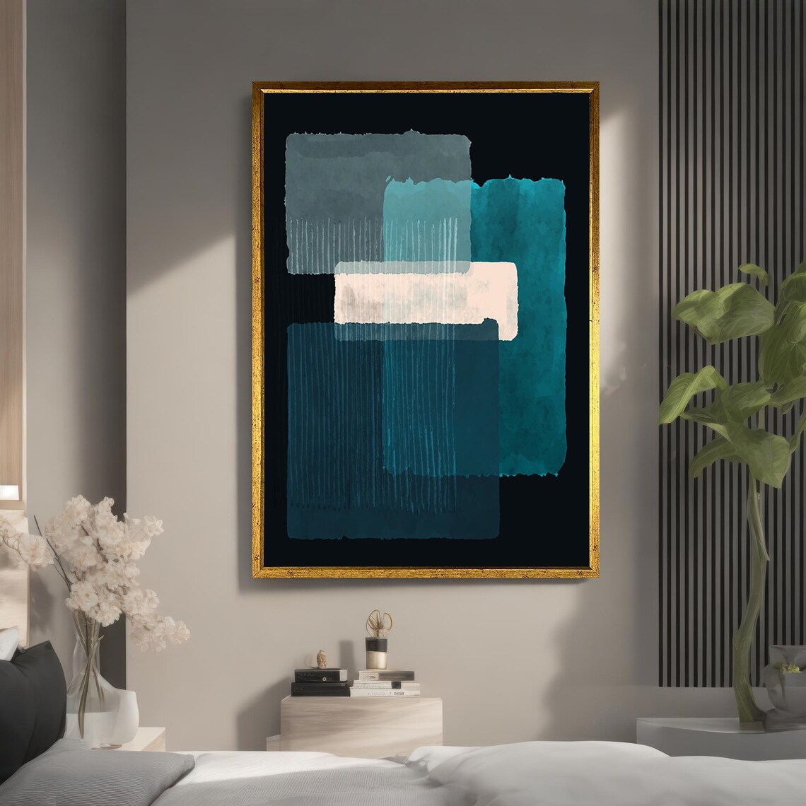Teal Blue White Abstract Color Blocks Dark Modern Minimalist Poster - Image 4