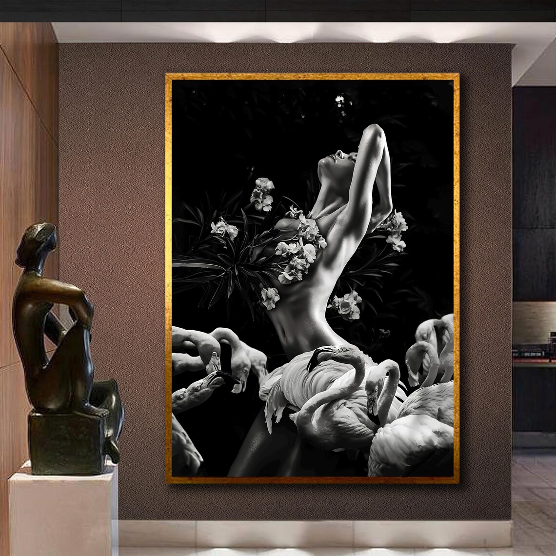 Black and White Nude Woman Among Flowers Monochrome Art Photo Poster - Image 3