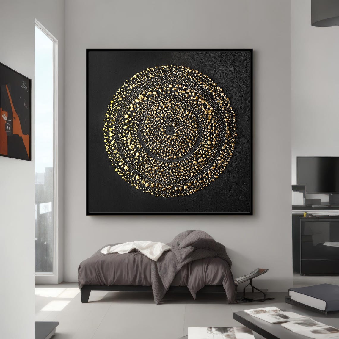 Golden Concentric Rings Abstract Black Background Modern Art Poster - Image 3