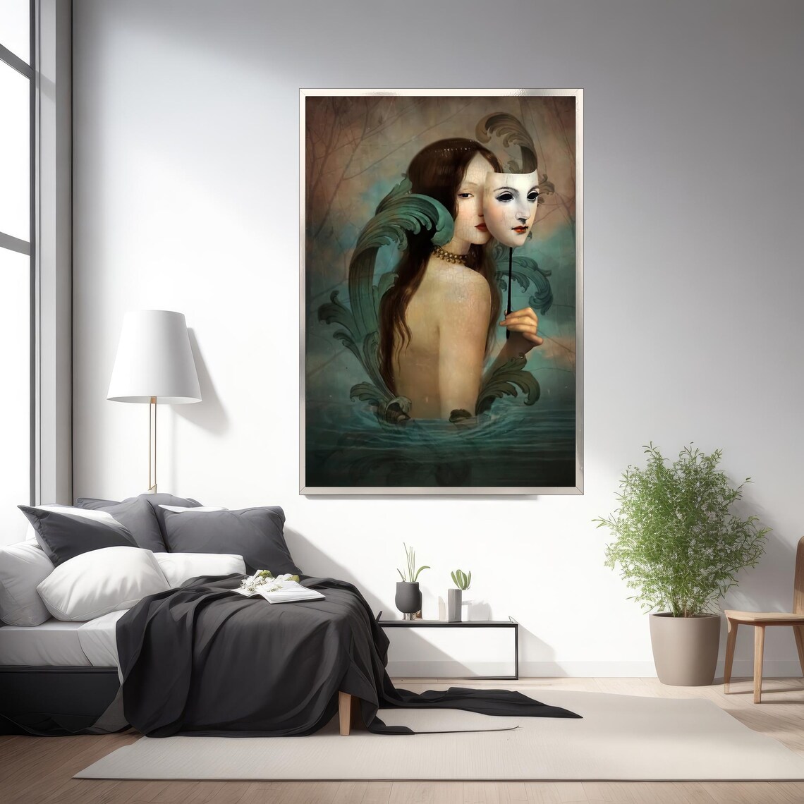 Surreal Masked Woman Holding White Mask Dreamlike Art Poster - Image 2