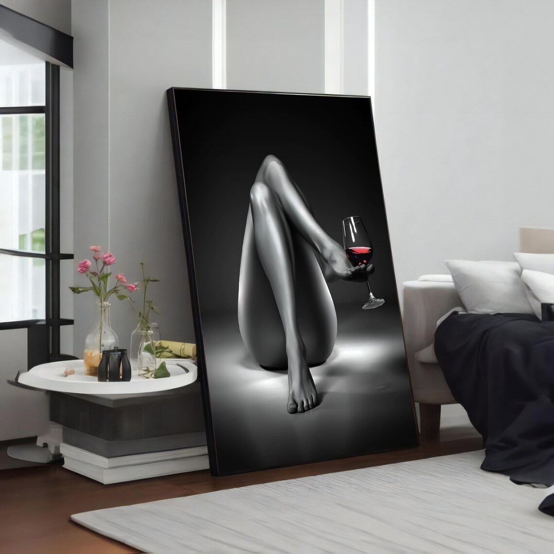 Nude Woman Legs Holding Red Wine Glass Black and White Photo Poster - Image 4