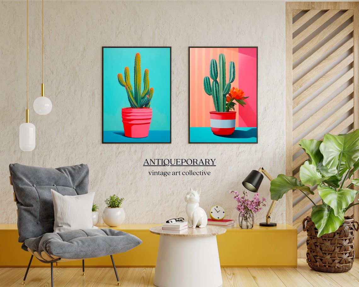 Pink Pot Cactus Turquoise Background Modern Pop Art Style Poster - Image 4